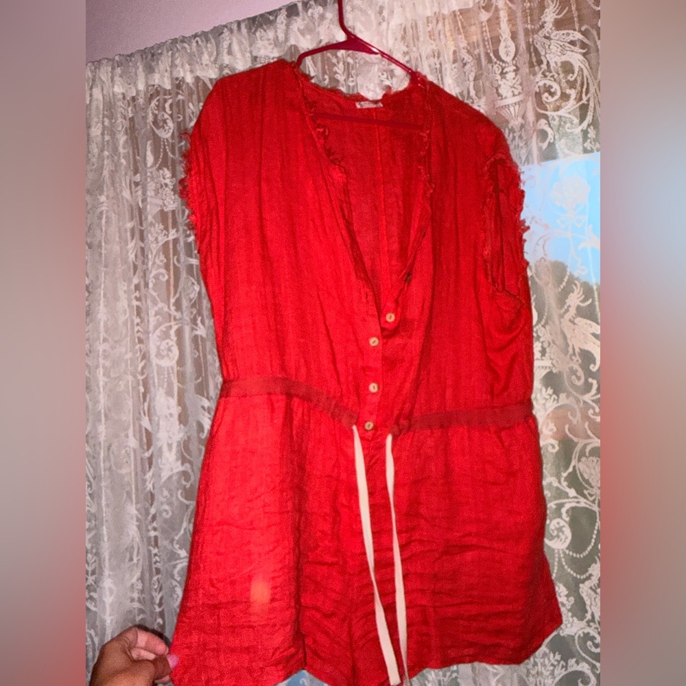 Free People Bright Red Button-Front Romper